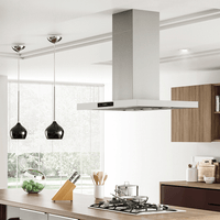 Coifa Ilha Cuisinart Casual Inox 90cm em inox slim, instalação de ilha com painel touch, duto vertical e iluminação discreta