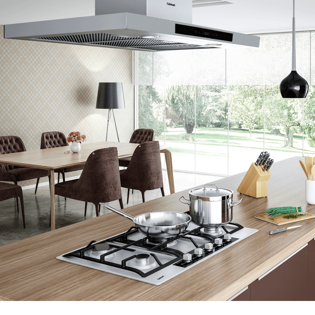 Coifa Ilha Cuisinart Casual Inox 90cm em inox slim suspensa sobre ilha, painel touch visível, iluminação e duto central