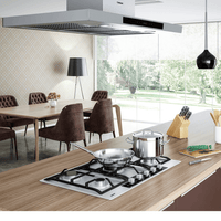 Coifa Ilha Cuisinart Casual Inox 90cm em inox slim suspensa sobre ilha, painel touch visível, iluminação e duto central