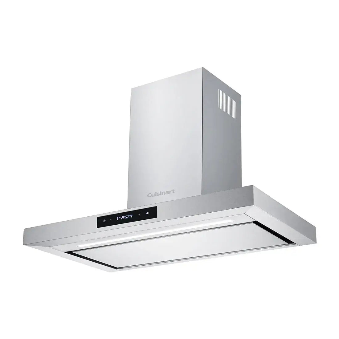 Coifa Ilha Cuisinart Casual Inox 90cm em inox slim, formato retangular, painel touch frontal e iluminação LED visível