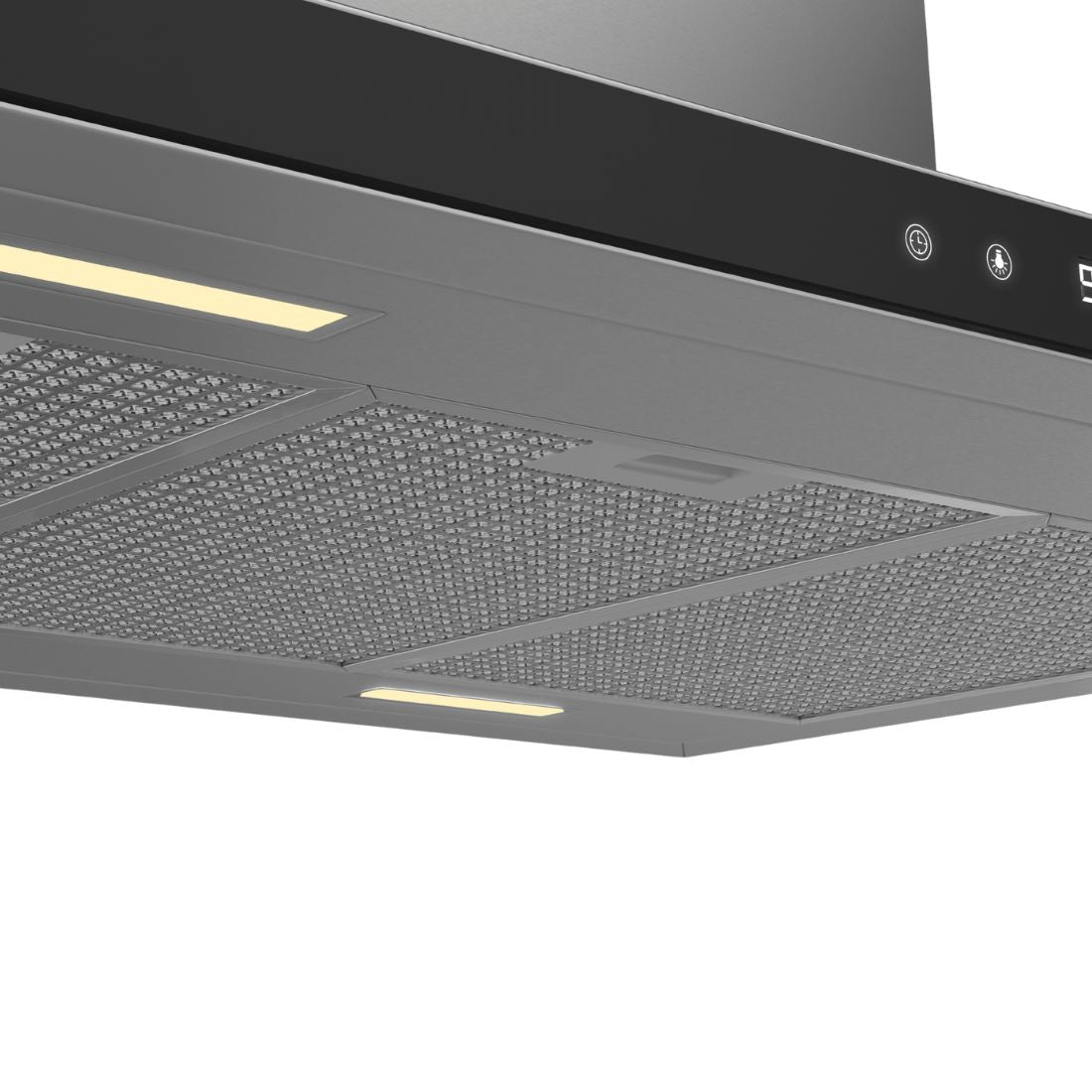 Coifa Ilha Debacco Londres Inox e Vidro Preto 90cm coifa de ilha em inox e vidro preto, formato retangular, iluminação LED e painel touch