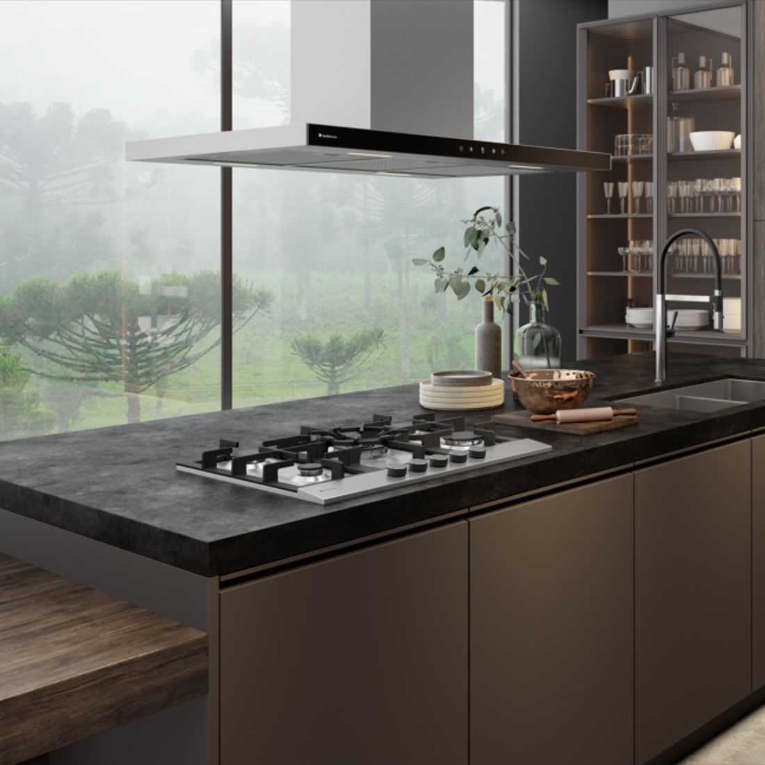 Coifa Ilha Debacco Londres Inox e Vidro Preto 90cm, coifa de ilha suspensa em inox e vidro preto, iluminação LED e painel touch