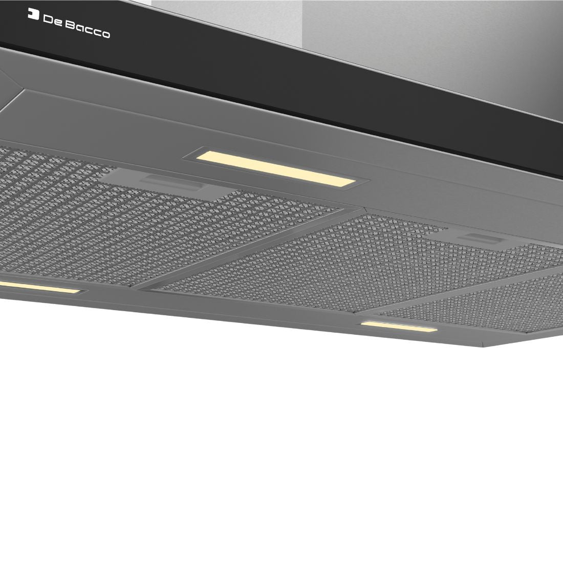 Coifa Ilha Debacco Londres Inox e Vidro Preto 90cm em inox escovado com vidro preto, filtros metálicos visíveis e iluminação LED integrada