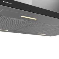 Coifa Ilha Debacco Londres Inox e Vidro Preto 90cm em inox escovado com vidro preto, filtros metálicos visíveis e iluminação LED integrada