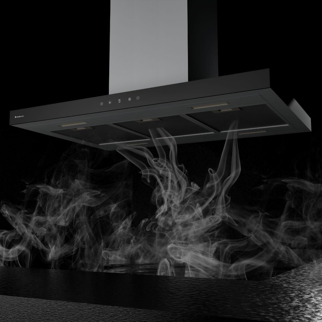 Coifa Ilha Debacco Londres Inox e Vidro Preto 90cm coifa de ilha em inox e vidro preto, formato retangular, iluminação LED e painel touch