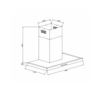 Coifa Ilha Debacco Londres Inox e Vidro Preto 90cm desenho técnico da coifa de ilha 90cm em inox com chaminé retangular e painel de botões