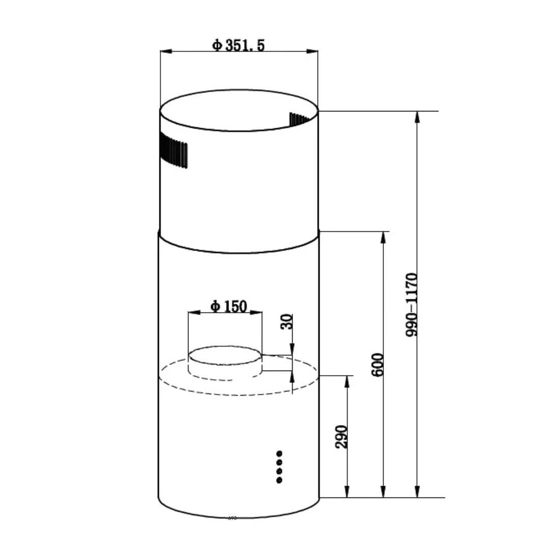 Coifa Tubular Debacco Zurique de Ilha Inox 35cm: desenho técnico tubular em inox com duto superior, painel touch minimalista e dimensões detalhadas