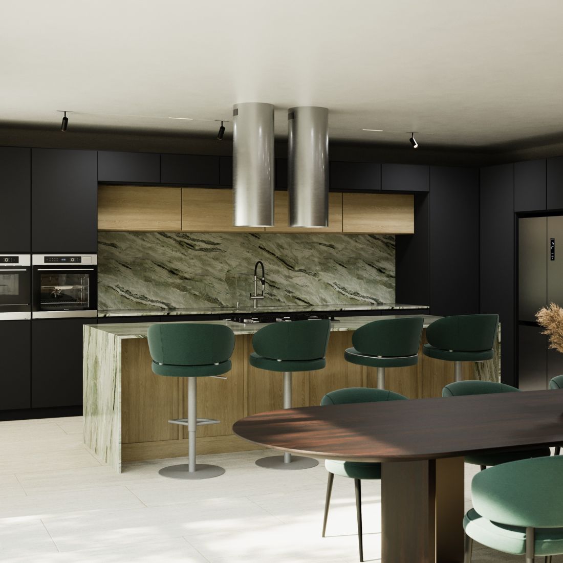 Coifa Tubular Debacco Zurique de Ilha Inox 35cm em inox cilíndrico sobre ilha, iluminação embutida e duto aparente em cozinha gourmet