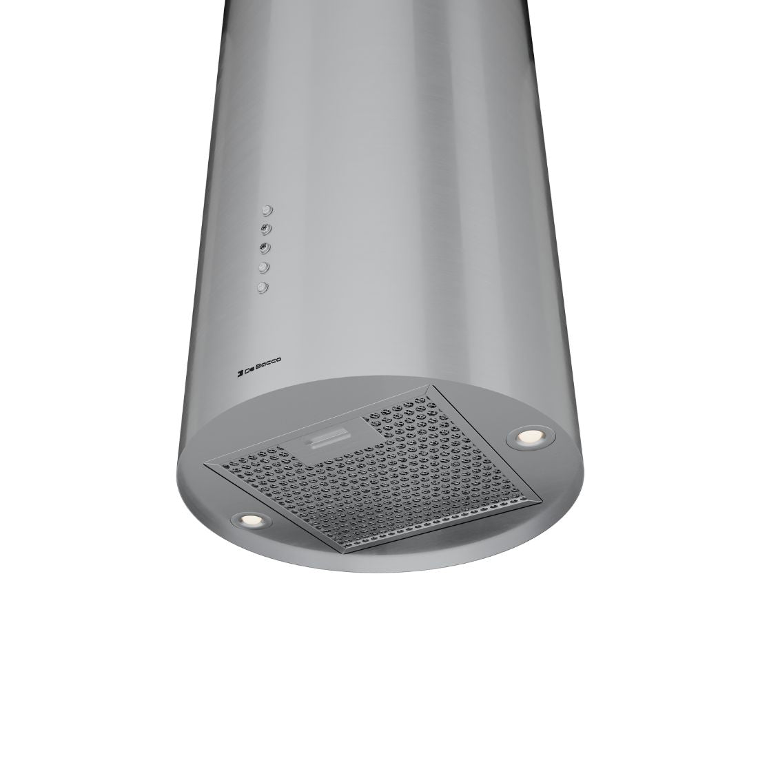 Coifa Tubular Debacco Zurique de Ilha Inox 35cm - coifa de ilha tubular em inox com iluminação LED, painel de botões e duto cilíndrico visível