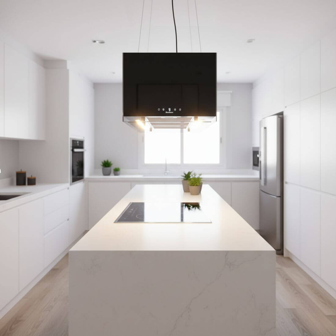 Coifa ilha Debacco Malta Vidro Preto 50cm - coifa de ilha preta em vidro suspensa por cabos com acabamento reto, iluminação LED e painel touch