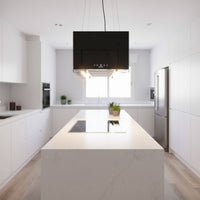 Coifa ilha Debacco Malta Vidro Preto 50cm - coifa de ilha preta em vidro suspensa por cabos com acabamento reto, iluminação LED e painel touch