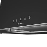 Coifa ilha Debacco Malta Vidro Preto 50cm em vidro preto com painel touch iluminado, acabamento slim, duto suspenso e filtro metálico visível