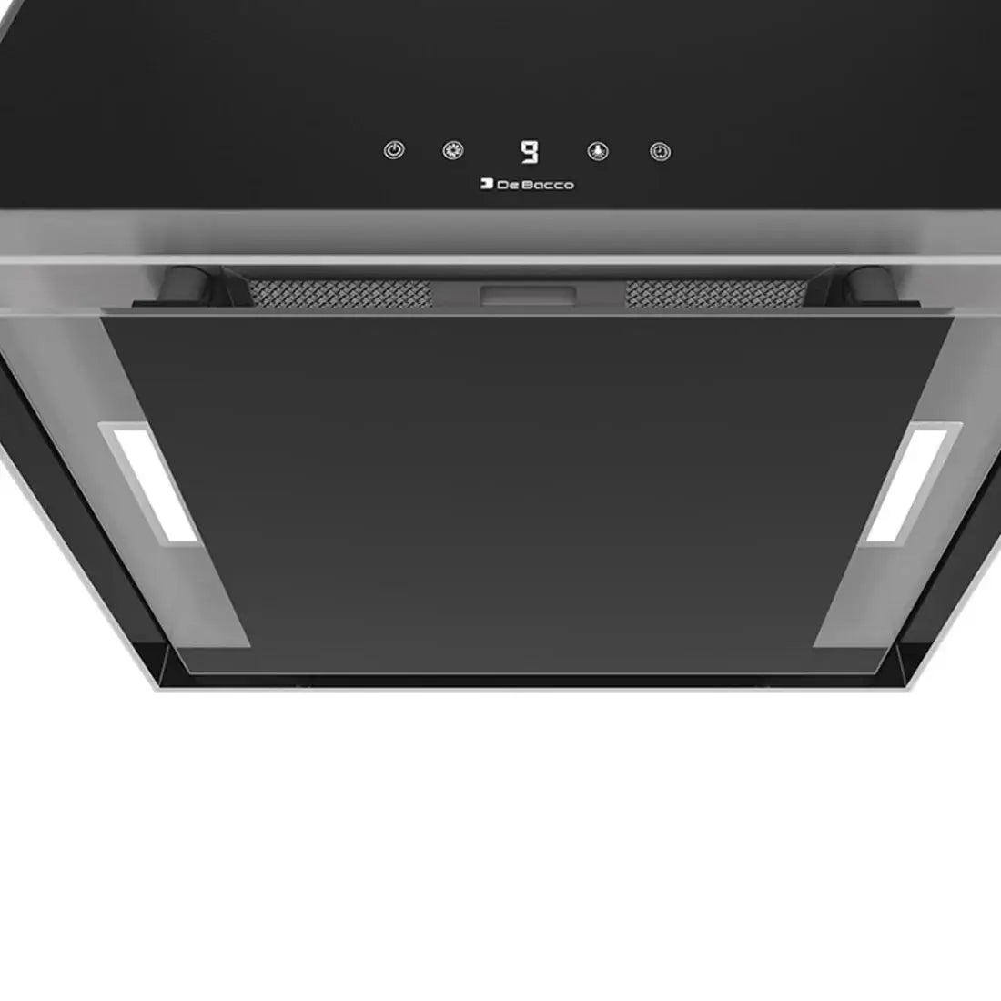 Coifa ilha Debacco Malta Vidro Preto 50cm suspensa, vidro preto com iluminação LED, painel touch e filtro visível, design elegante de ilha