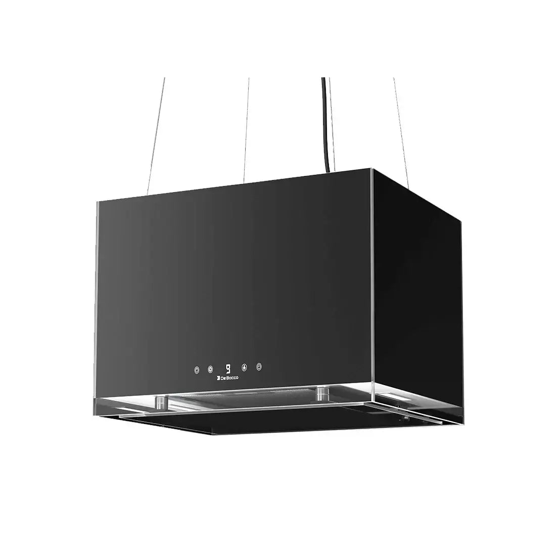 Coifa ilha Debacco Malta Vidro Preto 50cm — coifa de ilha preta suspensa em vidro, formato retangular, iluminação LED e painel touch
