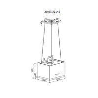 Coifa ilha Debacco Malta Vidro Preto 50cm - desenho técnico da coifa de ilha em vidro preto 50cm suspensa por cabos, dimensões e duto visível