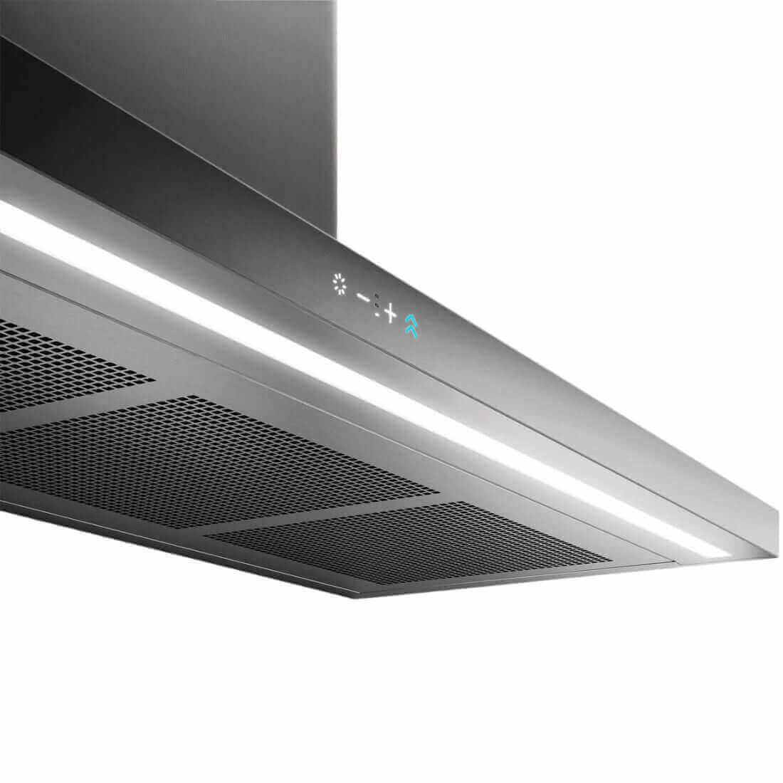 Coifa Tecno Original de Ilha Inox 120cm coifa de ilha em inox escovado, painel touch iluminado em LED e filtros visíveis, design retilíneo
