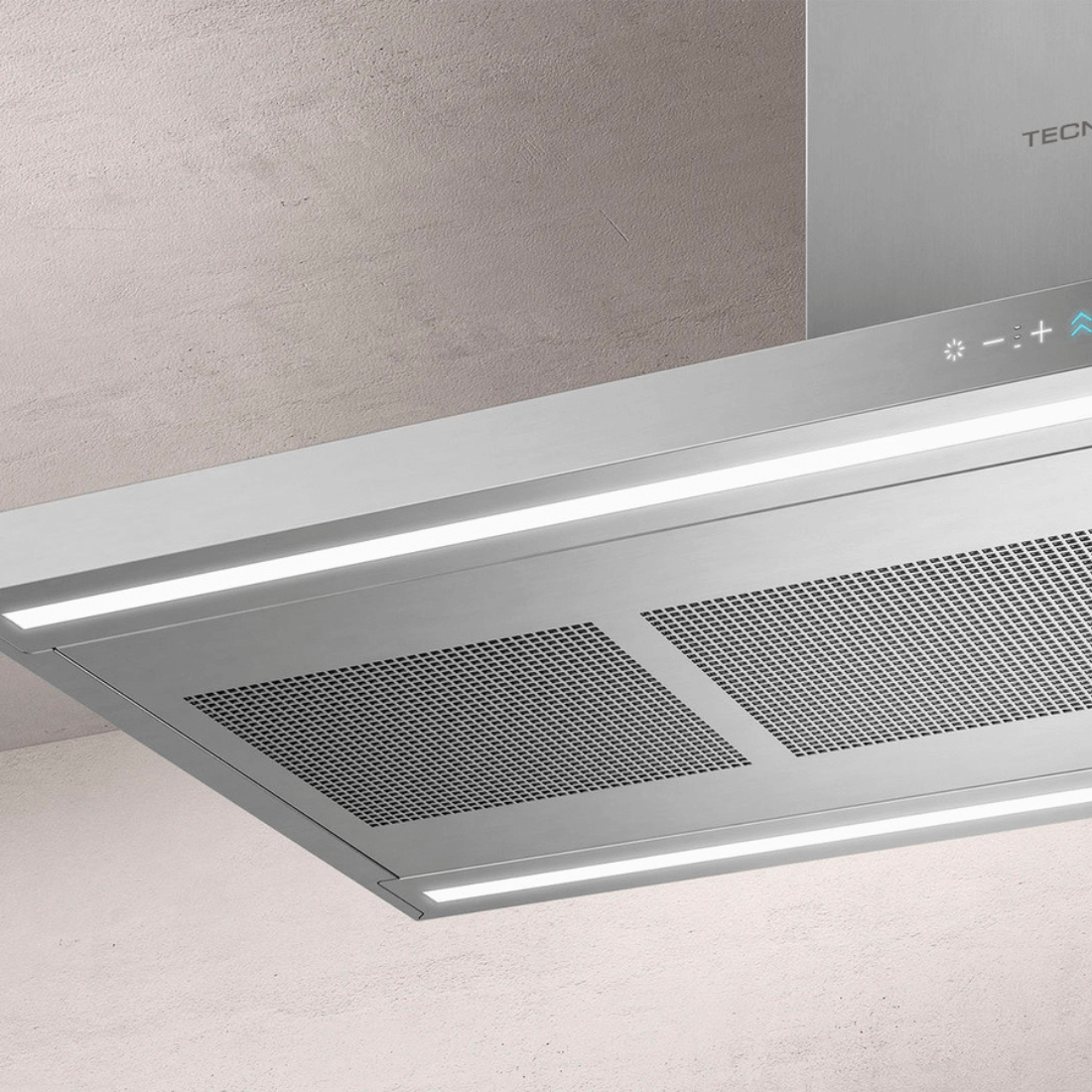 Coifa Tecno Original de Ilha Inox 120cm - coifa de ilha em inox escovado, formato retangular slim com iluminação LED e painel touch visível