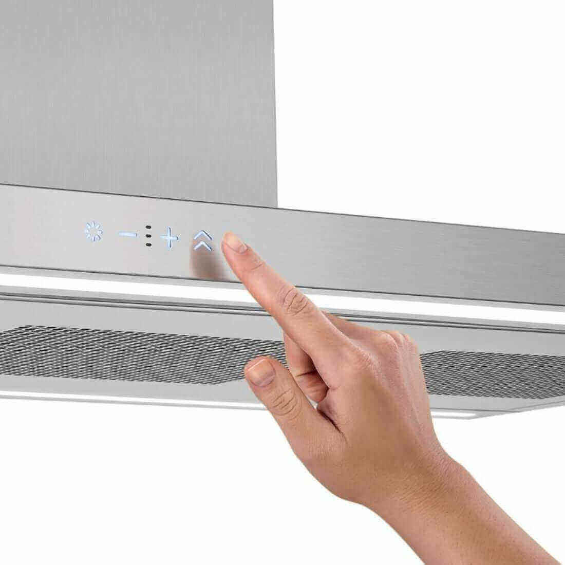 Coifa Tecno Original de Ilha Inox 120cm mostrando painel touch iluminado em inox escovado com controle de velocidade