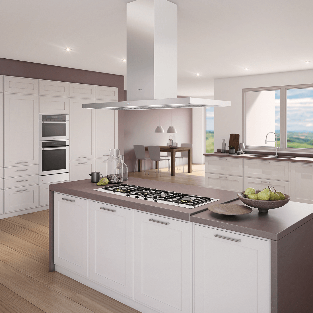 Coifa Tecno Original de Ilha Inox 120cm ilha em inox escovado retangular, iluminação embutida, duto central e design linear moderno