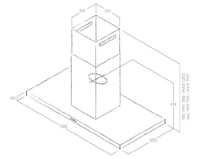 Coifa Tecno Original de Ilha Inox 120cm, desenho técnico mostrando coifa de ilha em inox retangular com chaminé dupla e medidas