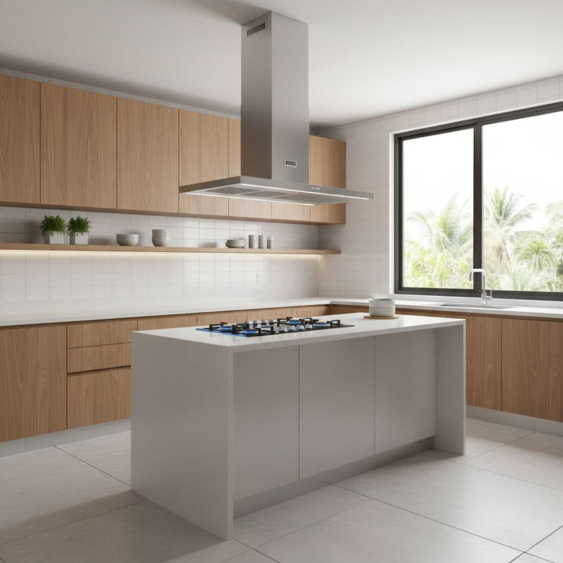 Coifa Tecno Professional de Ilha Inox 120cm em inox escovado, instalação de ilha, formato retangular, iluminação e duto visível sobre bancada