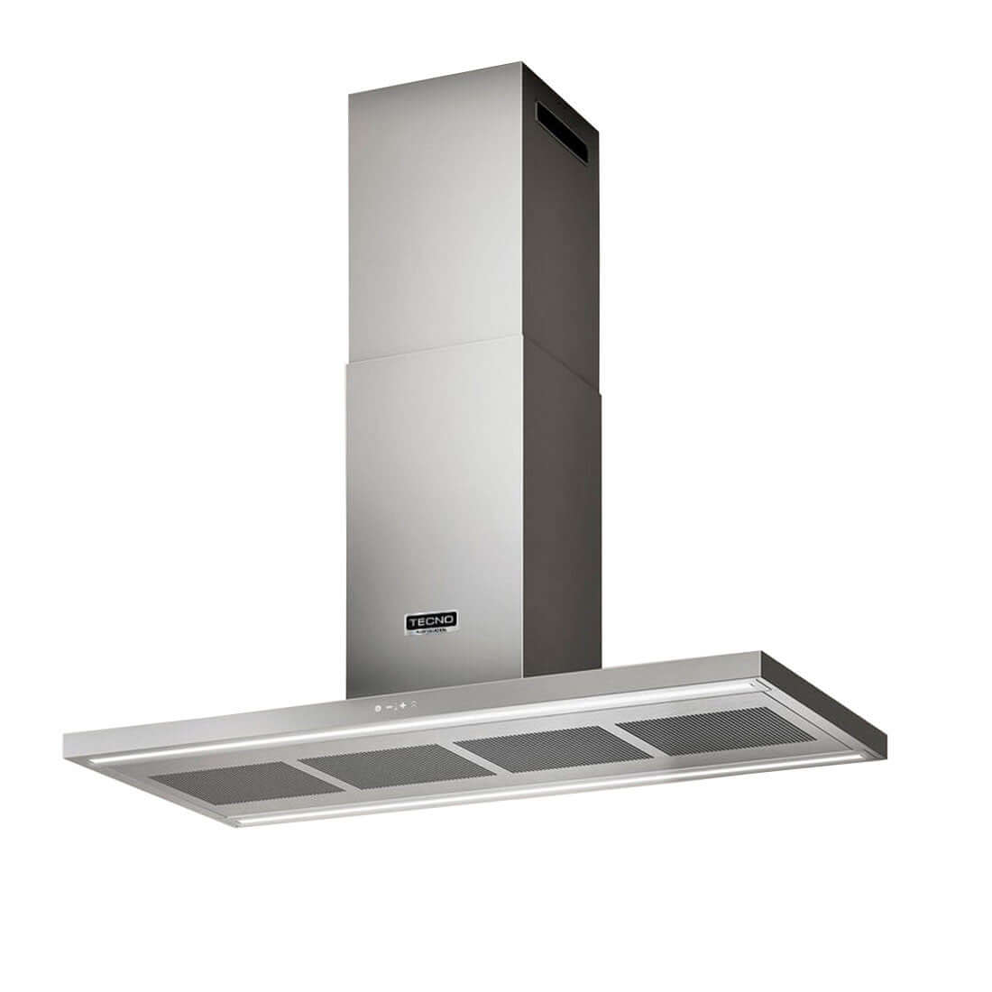 Coifa Tecno Professional de Ilha Inox 120cm em inox escovado, formato retangular slim, duto alto, iluminação LED e painel touch