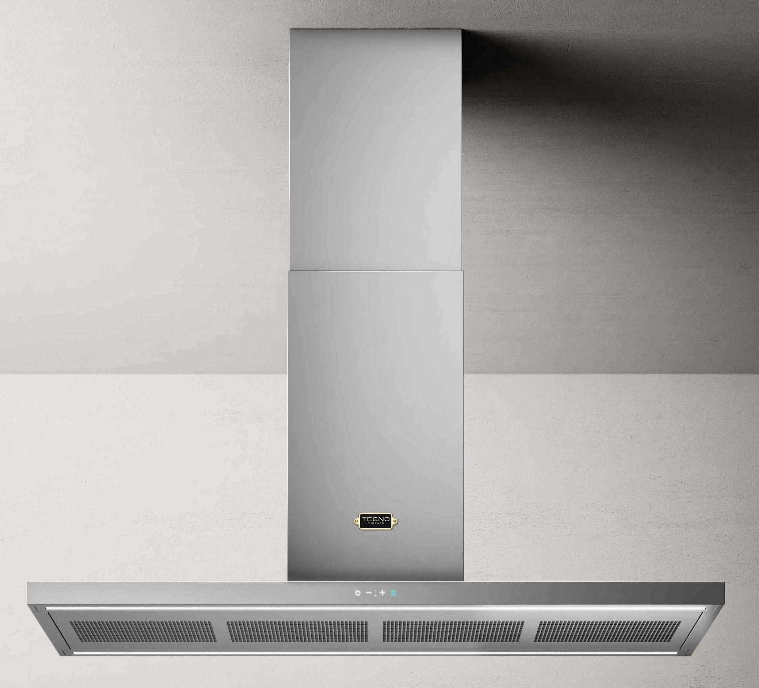 Coifa Tecno Vintage de Ilha Inox 120cm Tecno, coifa de ilha em inox escovado, formato retangular slim com iluminação e painel touch