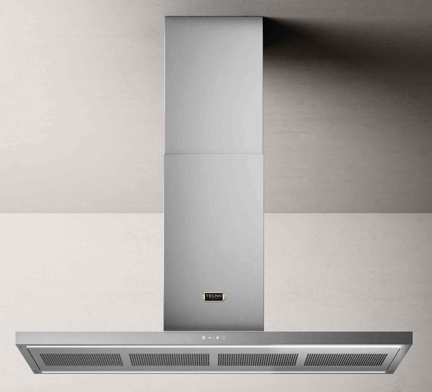 Coifa Tecno Vintage de Ilha Inox 120cm Tecno, coifa de ilha em inox escovado, formato retangular slim com iluminação e painel touch