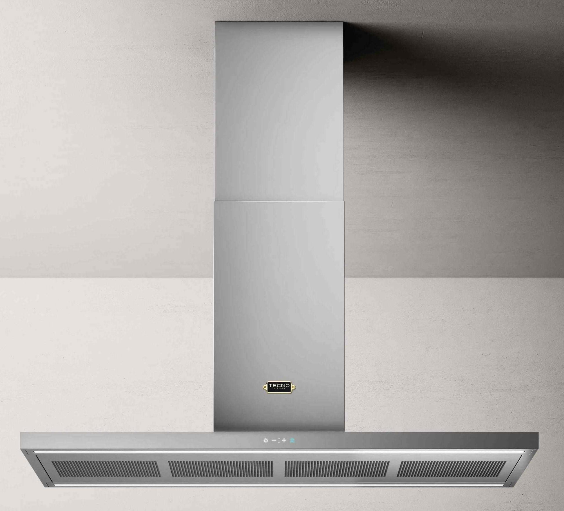 Coifa Tecno Vintage de Ilha Inox 120cm Tecno, coifa de ilha em inox escovado, formato retangular slim com iluminação e painel touch