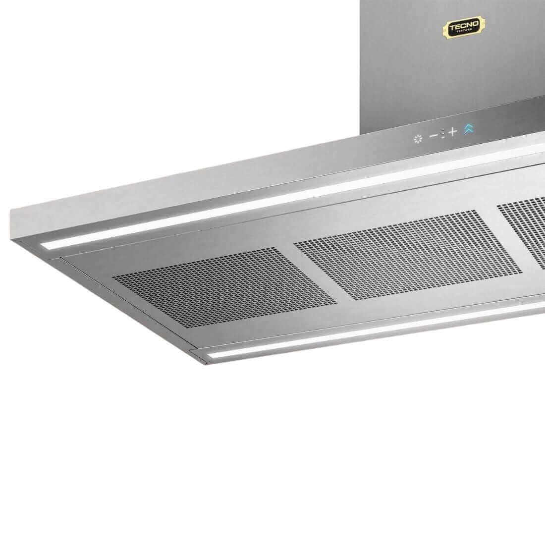 Coifa Tecno Vintage de Ilha Inox 120cm Tecno, coifa de ilha em inox escovado com formato retangular slim, painel touch e iluminação LED