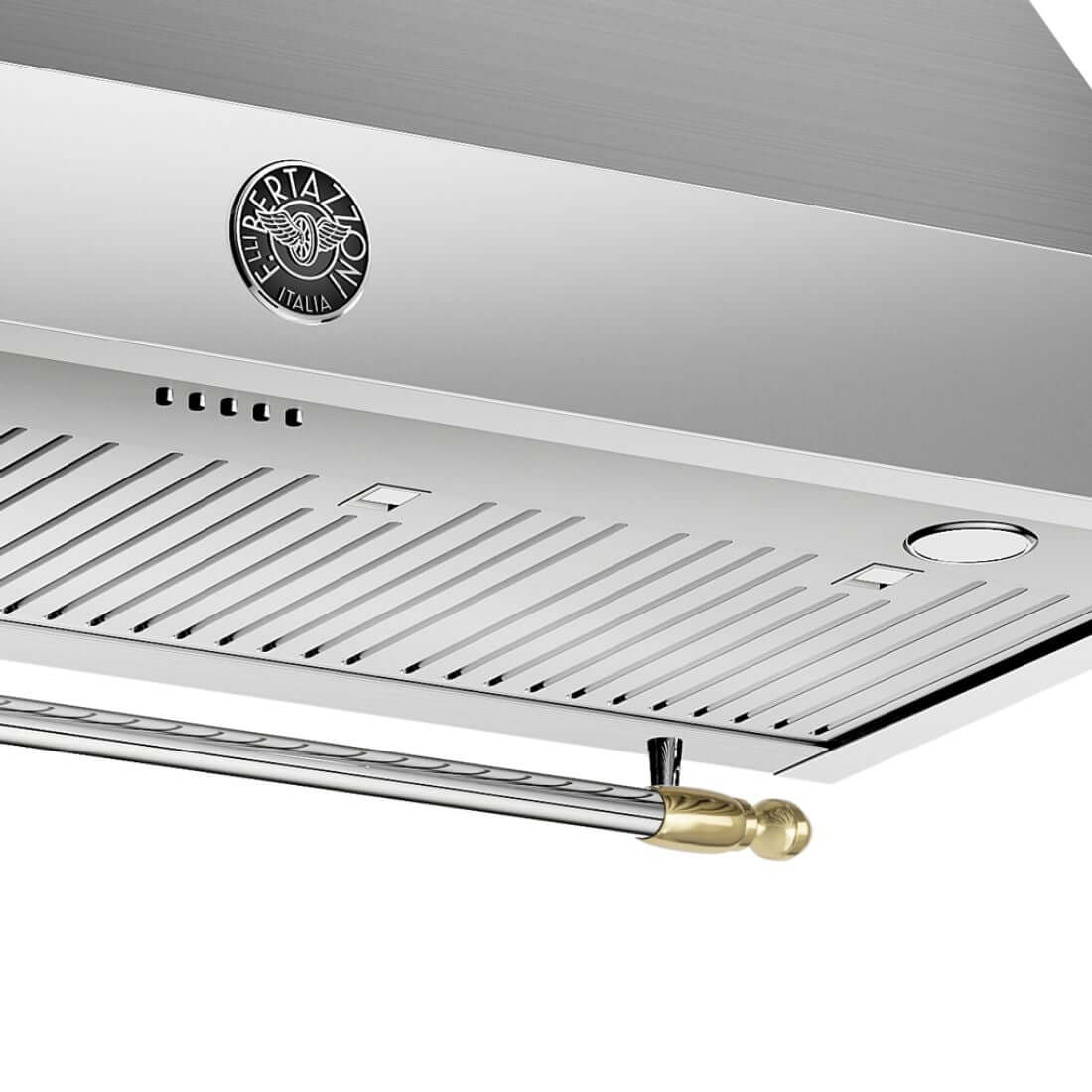 Coifa Bertazzoni Heritage de Parede Inox 91cm — coifa de parede em inox escovado com grade metálica, iluminação circular e barra frontal dourada