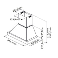 Coifa Bertazzoni Heritage de Parede Marfim 91cm — desenho técnico em perspectiva mostrando formato piramidal, duto retangular e dimensões (914x500mm)