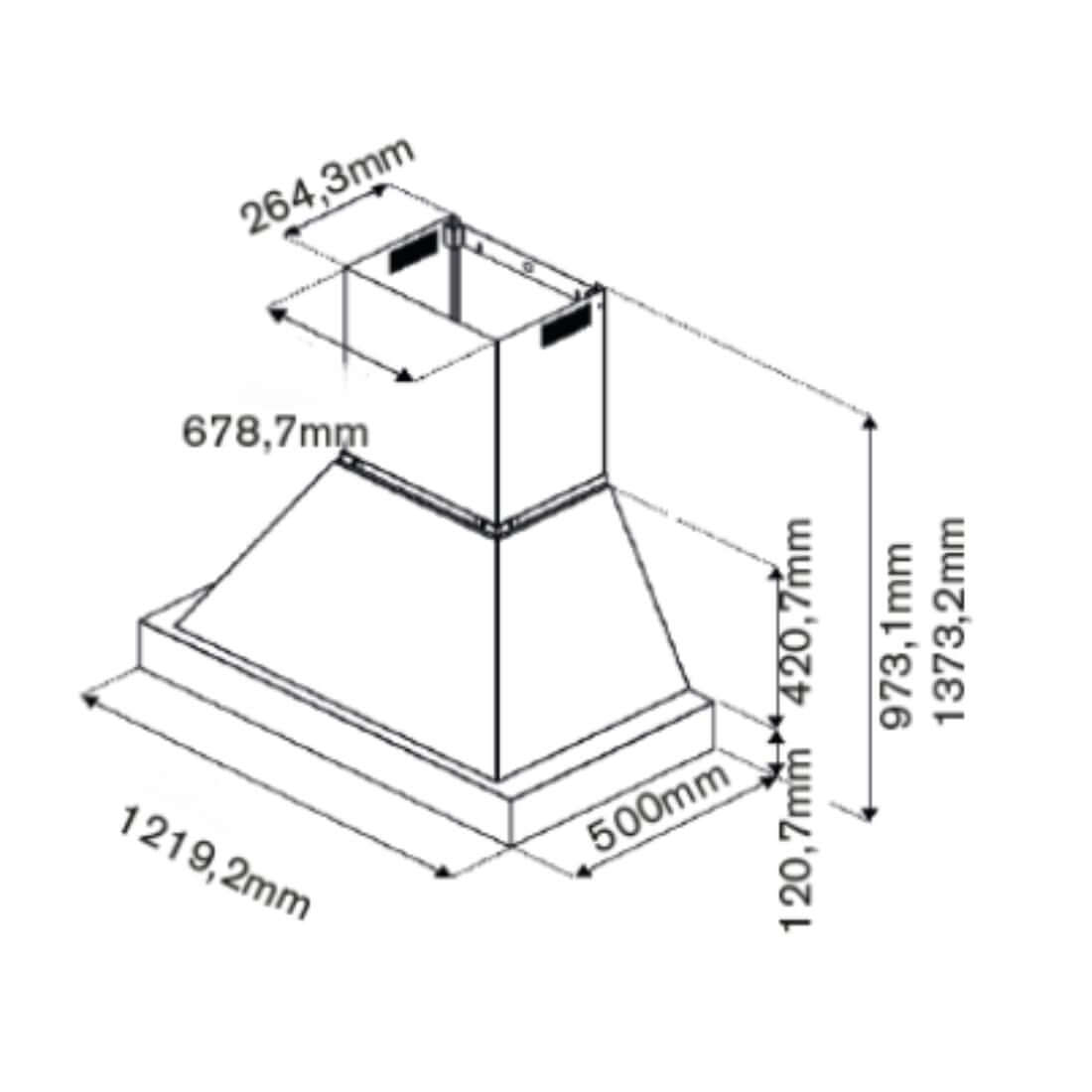 Coifa Bertazzoni Heritage de Parede Marfim 122cm: desenho técnico em linha mostrando medidas, duto superior e formato piramidal em acabamento marfim