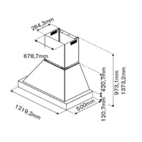 Coifa Bertazzoni Heritage de Parede Marfim 122cm: desenho técnico em linha mostrando medidas, duto superior e formato piramidal em acabamento marfim