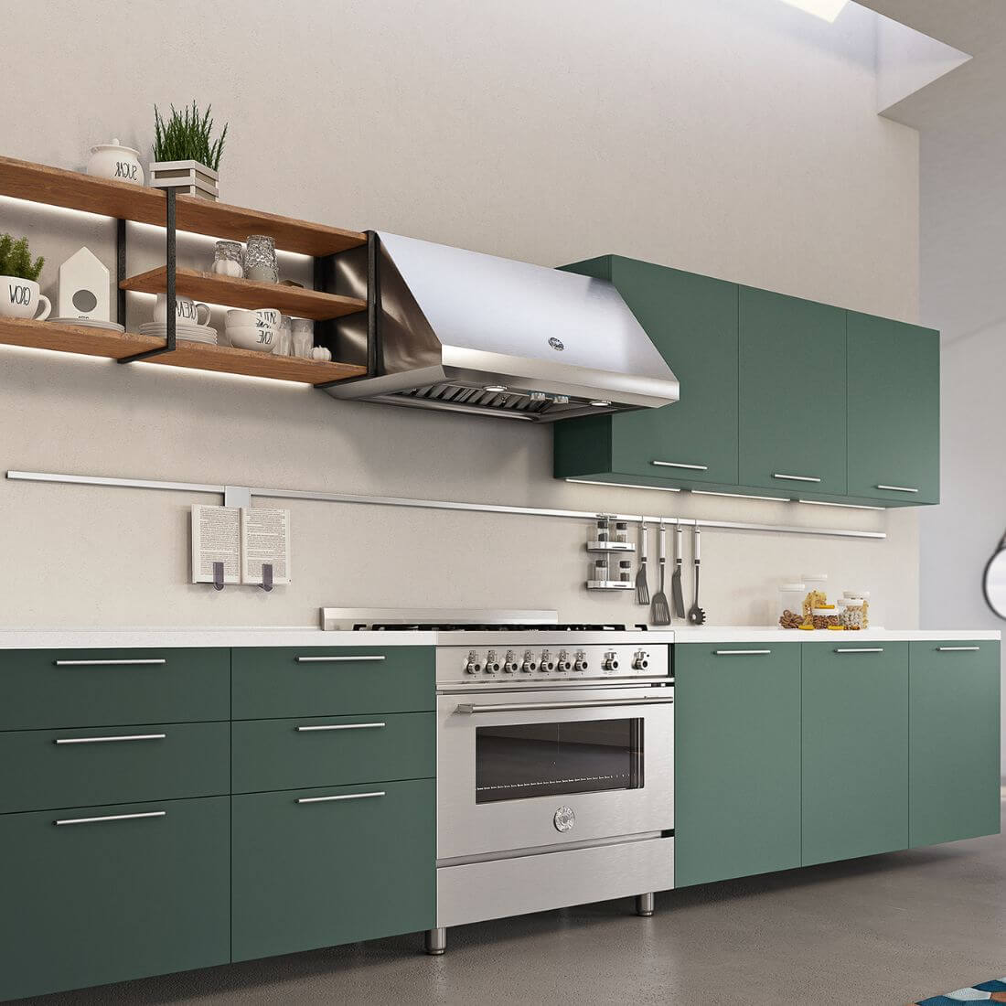 Coifa Bertazzoni Calabria Parede Inox 122cm instalada como coifa de parede em inox escovado com formato inclinado, painel de botões e duto visível