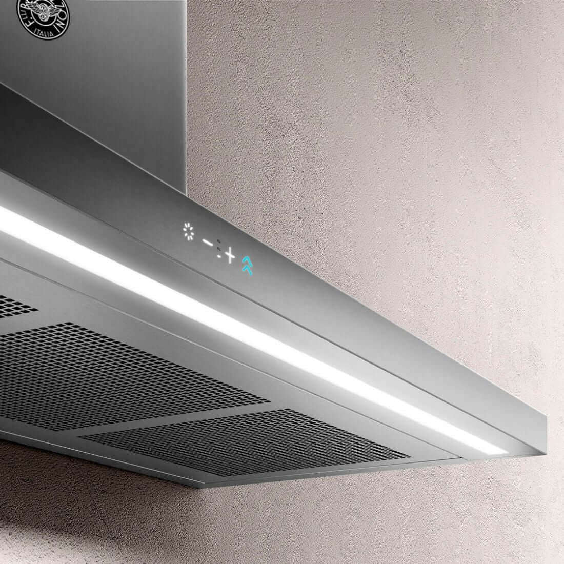 Coifa Bertazzoni Thin Parede Inox 120cm - coifa de parede slim em inox escovado com painel touch iluminado e duto reto visível