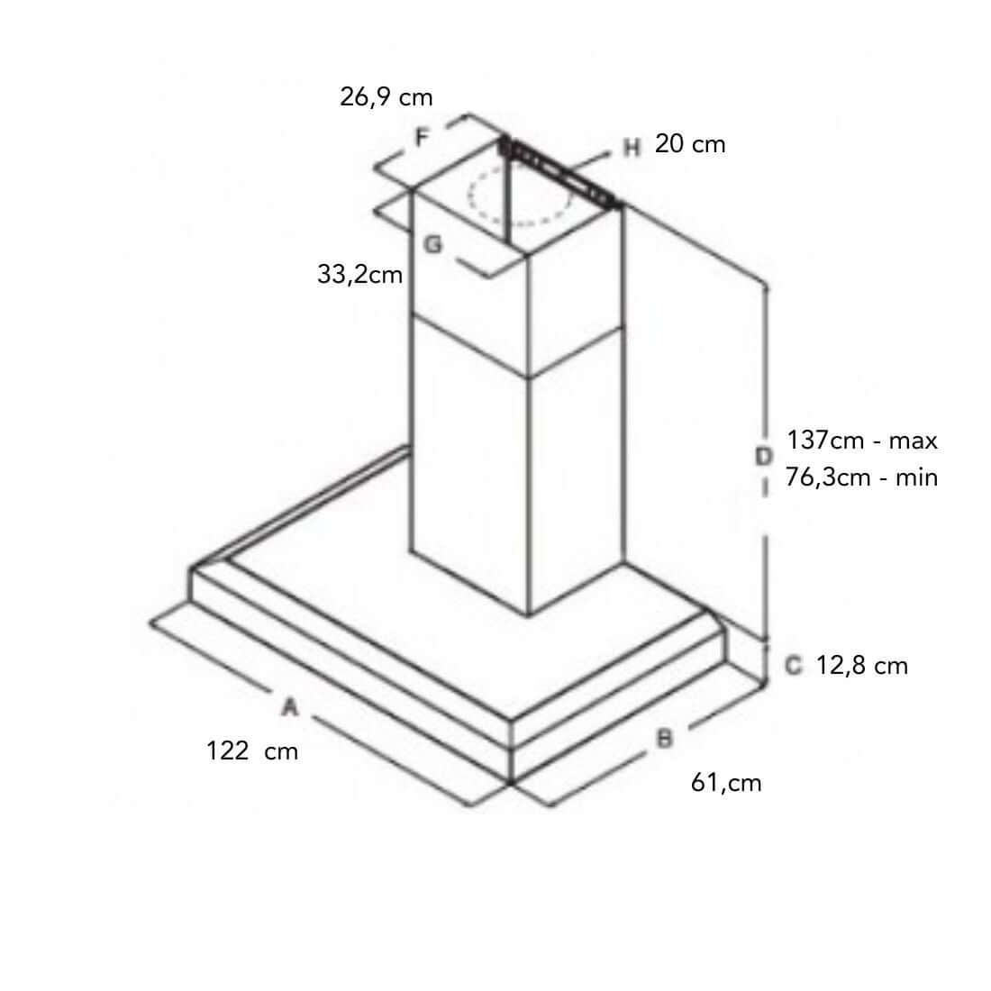 Coifa Bertazzoni Vavano de Parede Inox 122cm mostrando esquema técnico com dimensões, duto telescópico e acabamento inox escovado