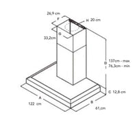 Coifa Bertazzoni Vavano de Parede Inox 122cm mostrando esquema técnico com dimensões, duto telescópico e acabamento inox escovado
