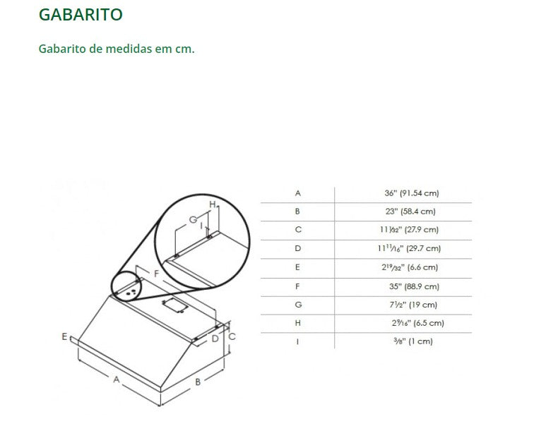 Coifa Bertazzoni Cervinia de Parede Inox 91cm desenho técnico com gabarito de medidas, contornos inox escovado e duto visível