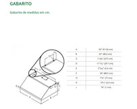 Coifa Bertazzoni Cervinia de Parede Inox 91cm desenho técnico com gabarito de medidas, contornos inox escovado e duto visível