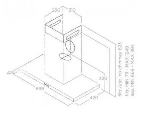Coifa Bertazzoni Thin de Parede Inox 90cm: desenho técnico em linha mostrando coifa de parede slim em inox, duto e dimensões