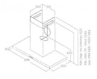 Coifa Bertazzoni Thin de Parede Inox 90cm: desenho técnico em linha mostrando coifa de parede slim em inox, duto e dimensões