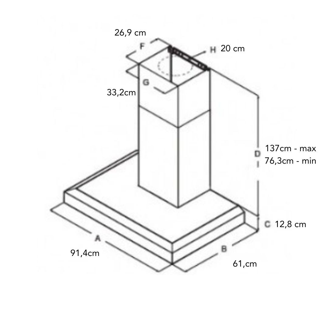 Coifa Bertazzoni Vavano de Parede Inox 91cm desenho técnico com chaminé ajustável, dimensões A 91,4 cm e duto superior visível