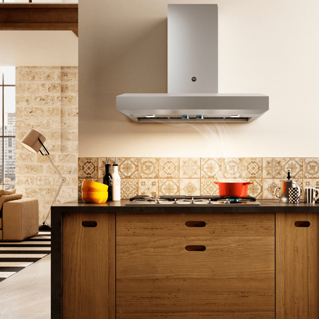 Coifa Bertazzoni Vavano de Parede Inox 91cm em inox escovado, instalação parede, formato piramidal inclinado, iluminação LED e painel touch