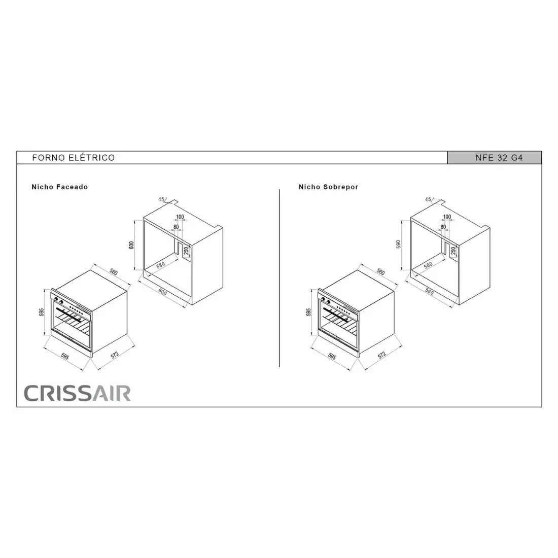 Forno Elétrico CrissAir Multifunções 72litros Inox 60cm desenho técnico de nicho para embutir e sobrepor mostrando medidas e acabamento inox