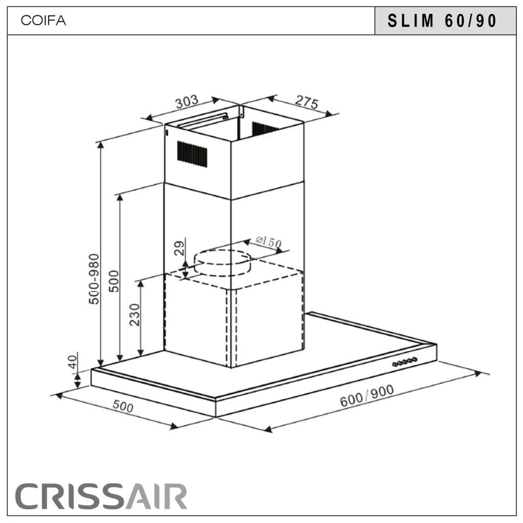 Coifa de Parede CrissAir Slim Versatille Inox 60cm mostrando desenho técnico da coifa slim em inox, chaminé ajustável, painel touch e dimensões