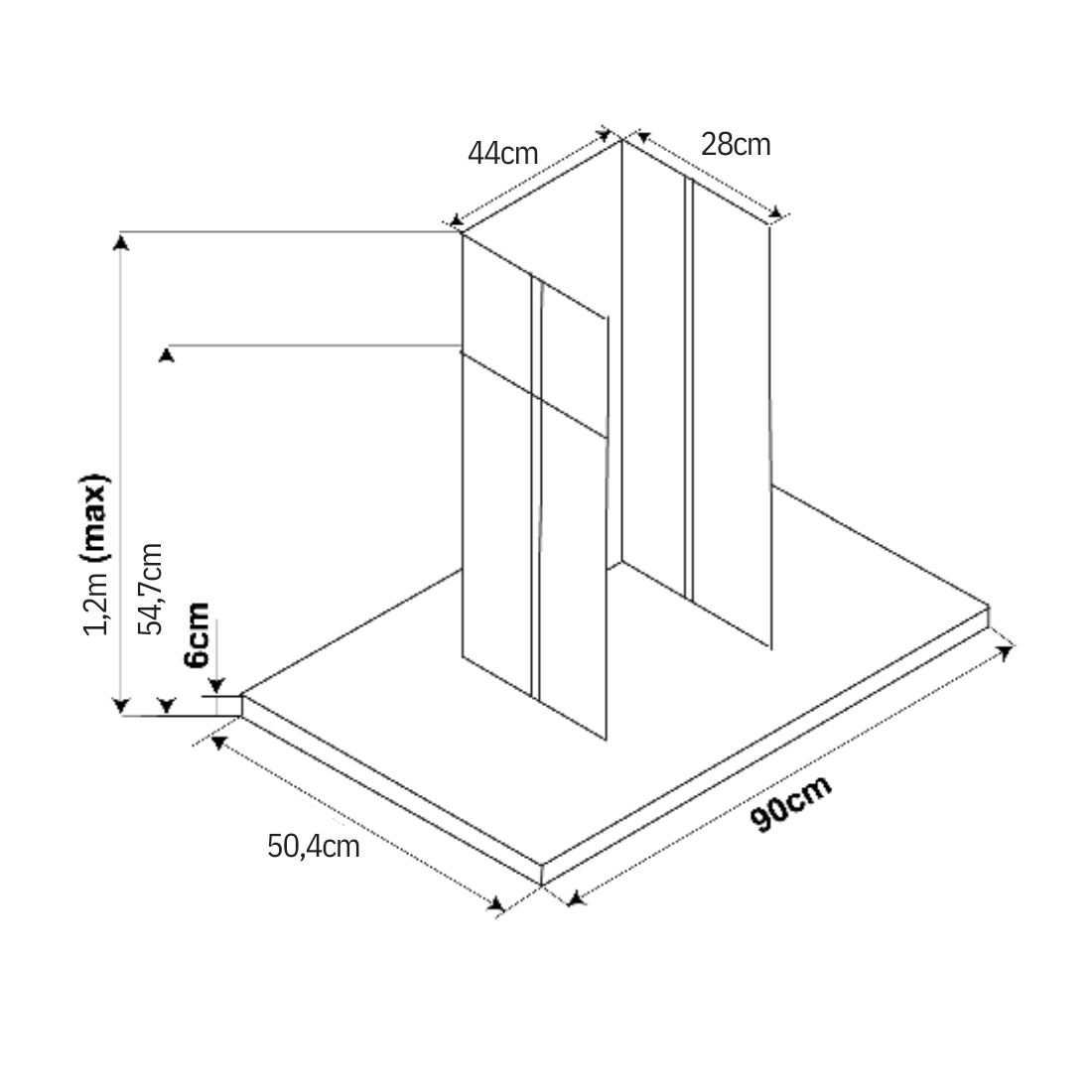 Coifa de Parede Cuisinart Arkton Advanced 90cm Inox Preto mostrando desenho técnico com medidas 90cm, duto vertical, base retangular e altura máxima 1,2m