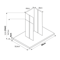 Coifa de Parede Cuisinart Arkton Advanced 90cm Inox Preto mostrando desenho técnico com medidas 90cm, duto vertical, base retangular e altura máxima 1,2m