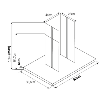Coifa de Parede Cuisinart Arkton Advanced 90cm Inox Preto mostrando desenho técnico com medidas 90cm, duto vertical, base retangular e altura máxima 1,2m