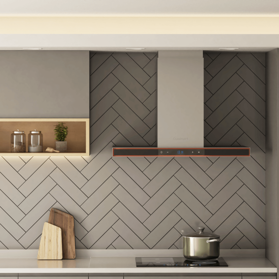 Coifa de Parede Cuisinart Arkton Inox 90cm com acabamento inox e vidro preto, design slim inclinado, painel touch e iluminação LED